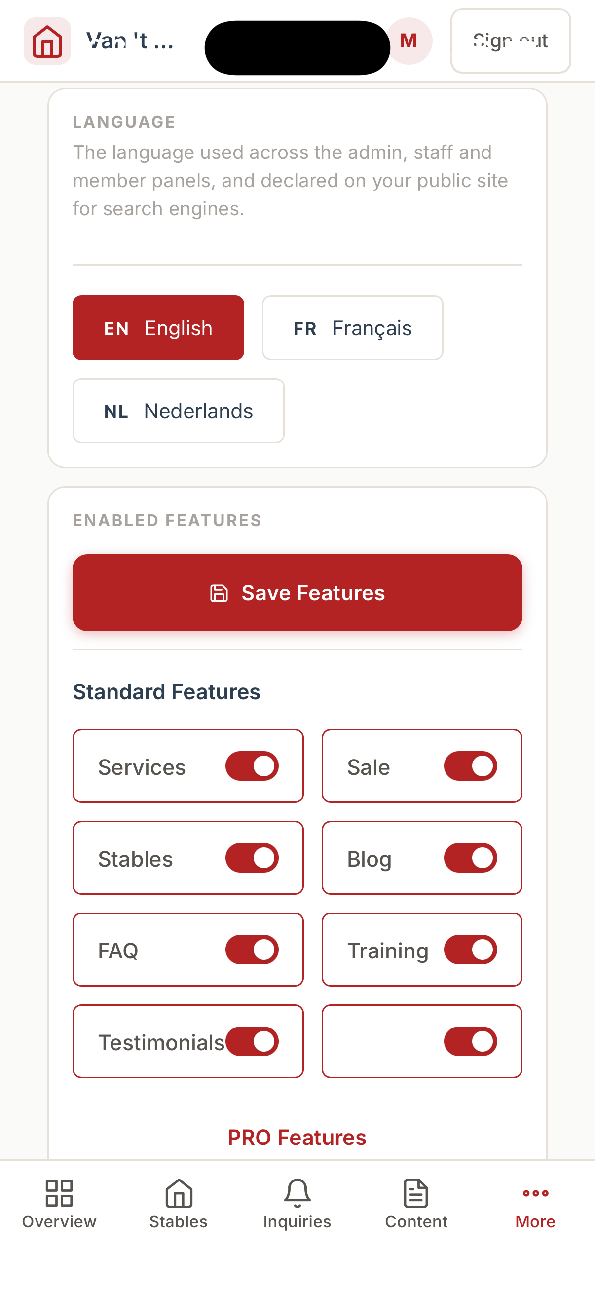 Configuration: Panel Language and enabled features on mobile