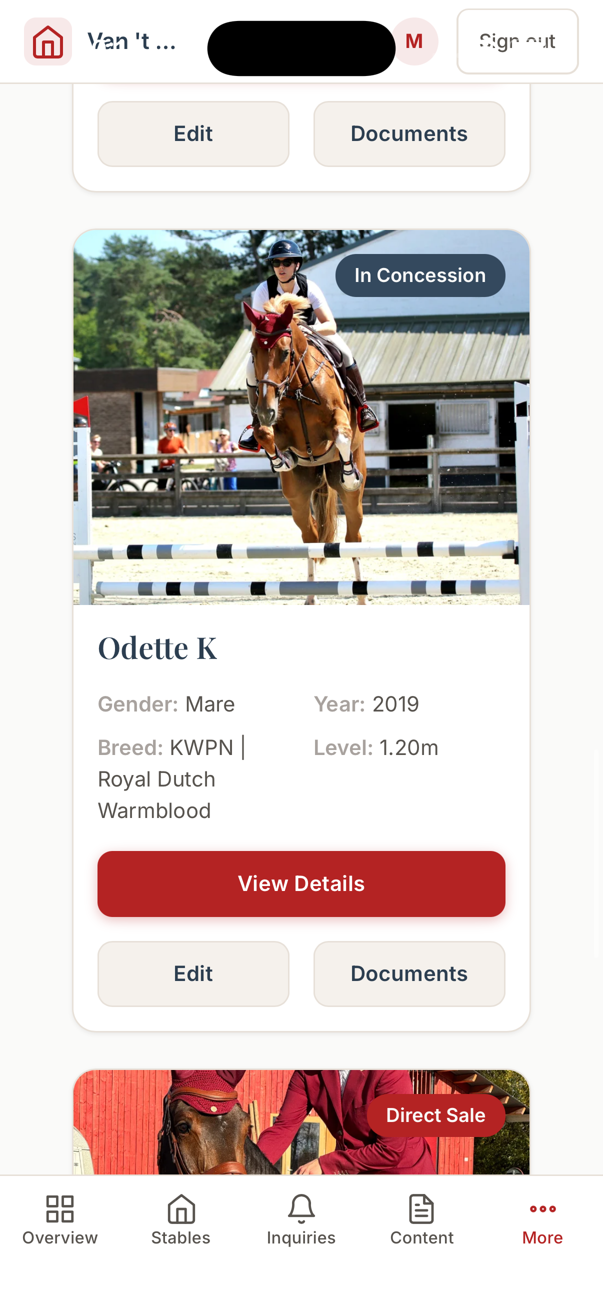 Sales horses list on mobile